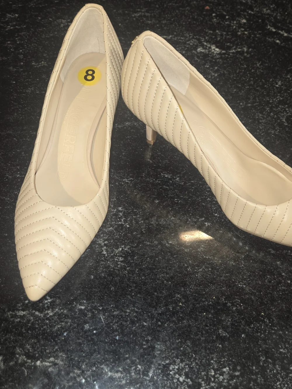 Karl Lagerfeld Quilted Pointed Toe Pumps in Nude